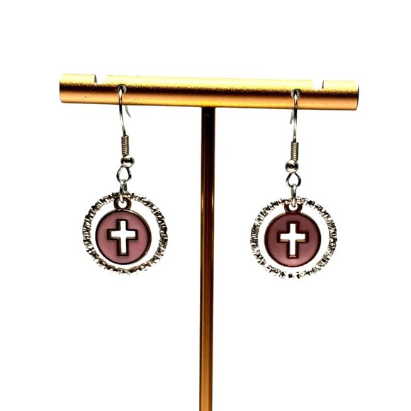 NWT Cross Dangle Earrings With Silver Tone & Pink Enamel Detailing - Picture 1 of 1